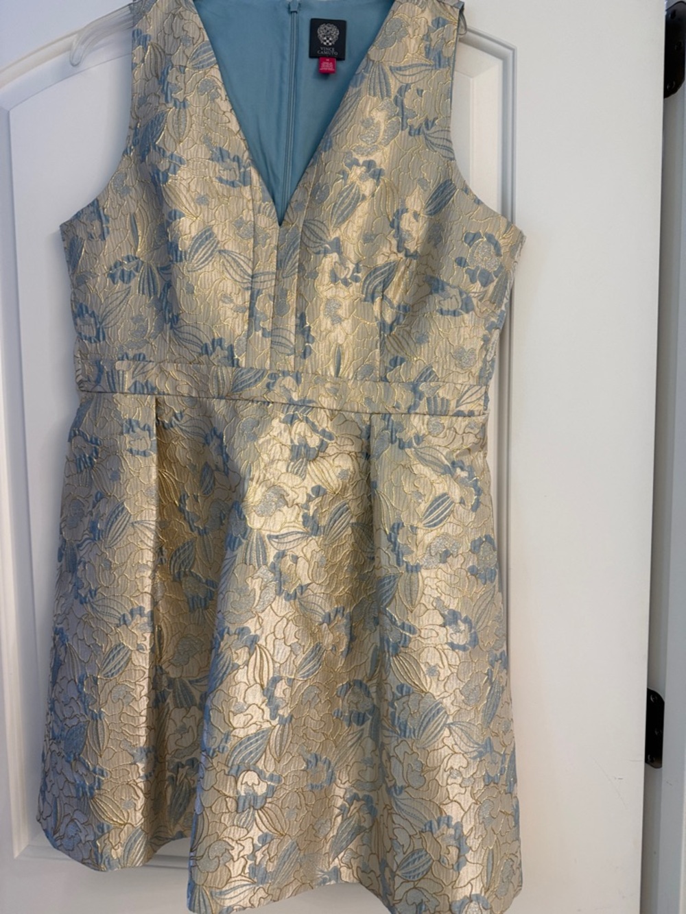 Vince Camuto Gold and Light Blue Floral Brocade Fit-and-Flare Dress
